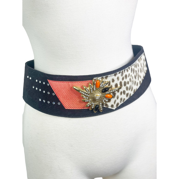 Leo Isba Accessories - Leo Isba Vintage 1980's Suede Patchwork Jeweled Leopard Waist Cincher Belt
